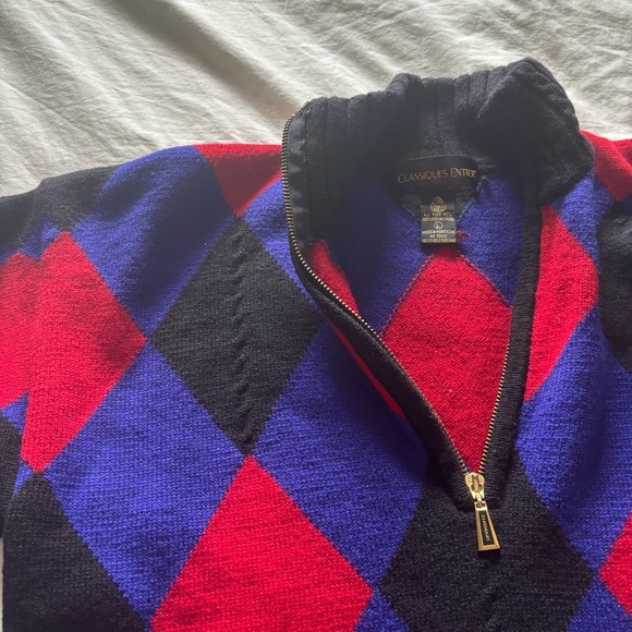 Classiques Entier Merino Wool Argyle Blue and Red Sweater Cropped Sleeves Size L - Picture 2 of 6